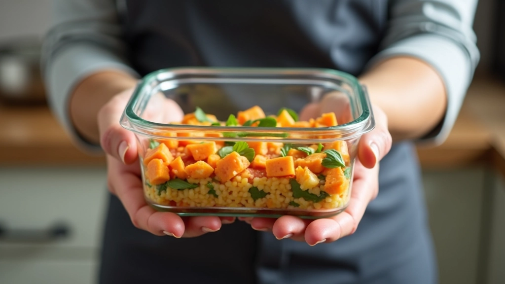 Mãos segurando um recipiente de vidro com tampa hermética, cheio de salada colorida e proteína