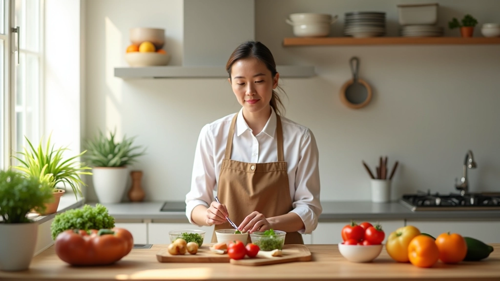 Profissional numa cozinha moderna a preparar recipientes de refeições com legumes cortados e organização perfeita