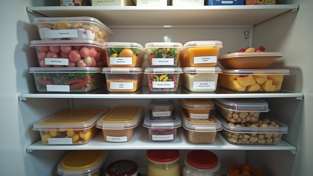 Marmitas organizadas no frigorífico em prateleiras com etiquetas de datas, organização perfeita