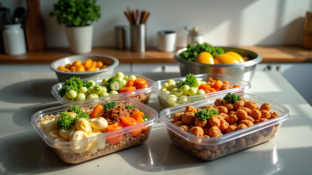 Múltiplos recipientes de vidro com refeições preparadas em cima de uma bancada de cozinha moderna, vista de cima, luz natural abundante