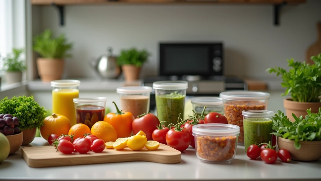 Cozinha bem organizada com vários recipientes, tigelas e ferramentas de preparação dispostos numa bancada espaçosa, com ingredientes frescos em primeiro plano