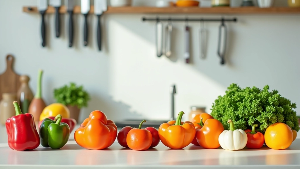 Cozinha moderna com balcão organizado, legumes cortados em diferentes tigelas de vidro, facas penduradas numa barra magnética