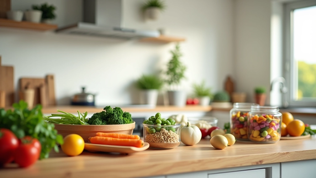 Espaço de trabalho profissional de preparação de refeições com ingredientes frescos organizados