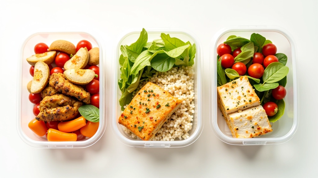 Várias marmitas separadas com diferentes combinações de alimentos: carne com legumes, peixe com arroz, salada fresca