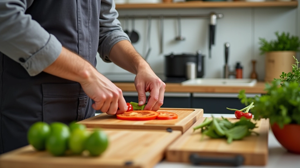 Profissional numa cozinha moderna a preparar legumes, facas e tábuas de corte bem organizadas