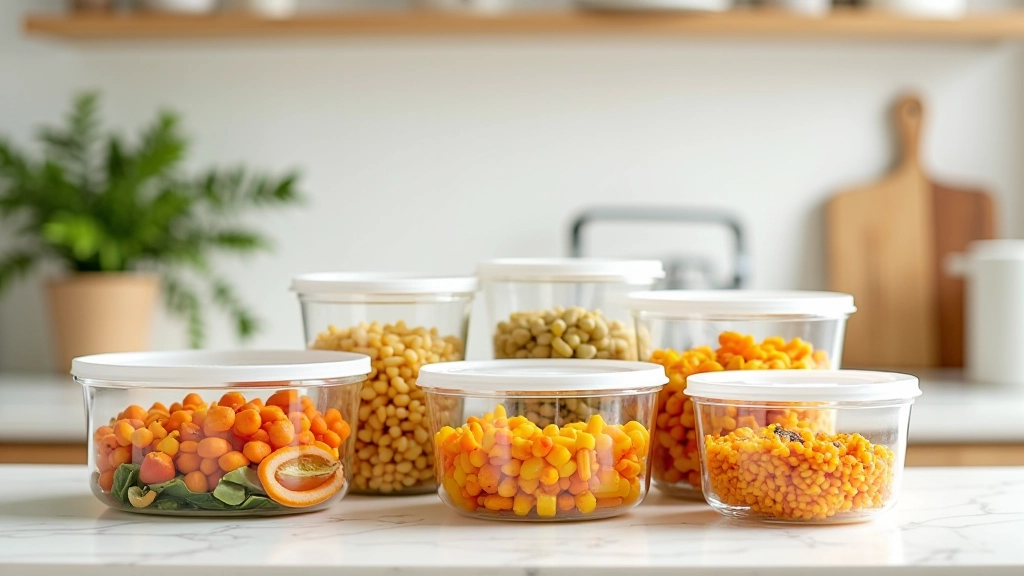Diferentes tipos de recipientes de armazenamento de vidro e plástico dispostos numa cozinha moderna